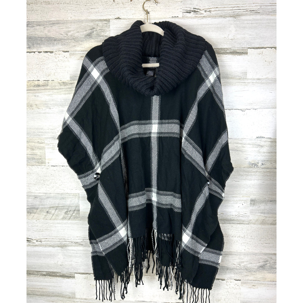 Fraas Womens One Size Black White Plaid Turtleneck Fringe Poncho Sweater NEW